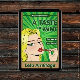 An e-reader showing the cover of A Taste of Mint by Leto Armitage